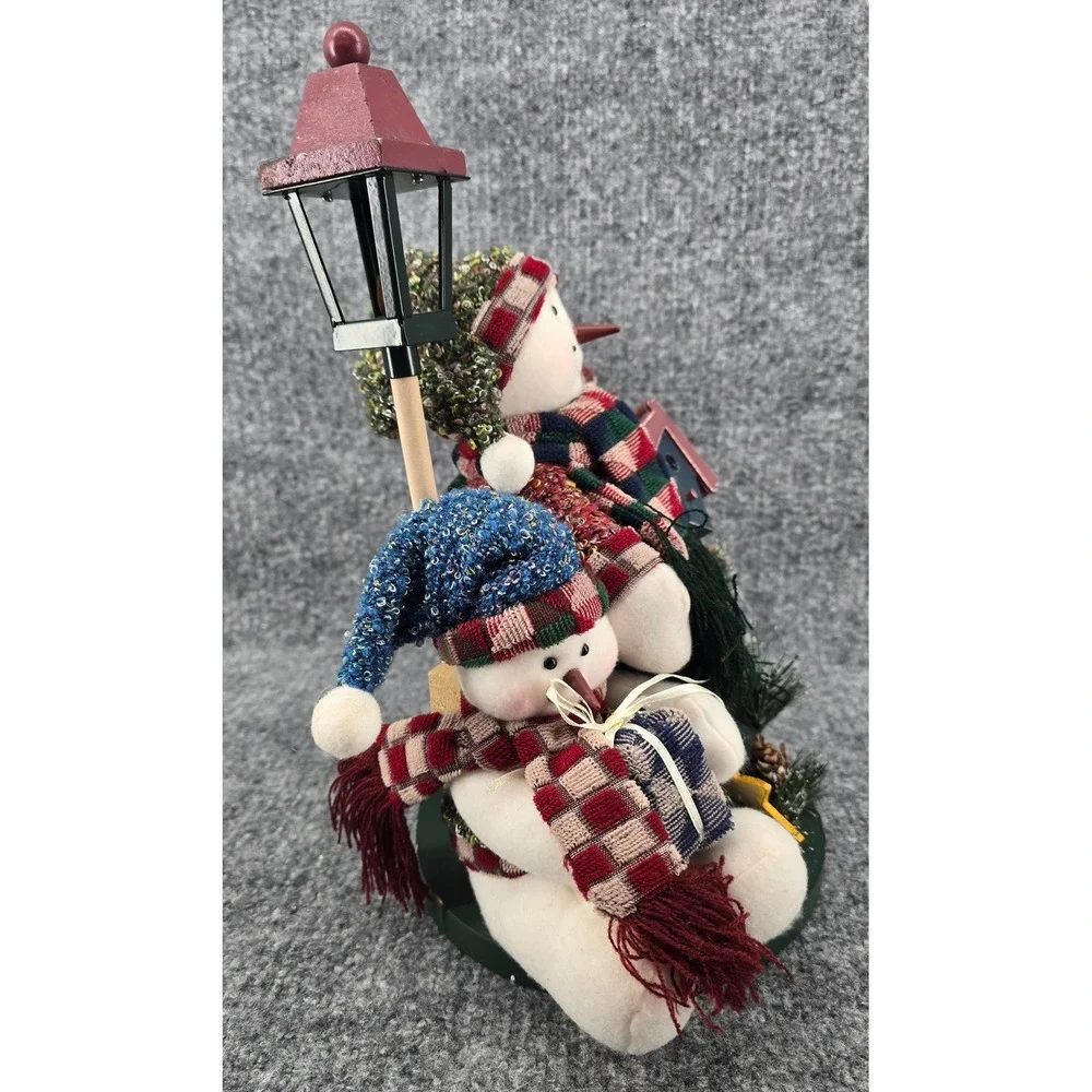 Vintage Snowman Plush Family Holiday Display Multicolor Scarves Wood Accents Y2K